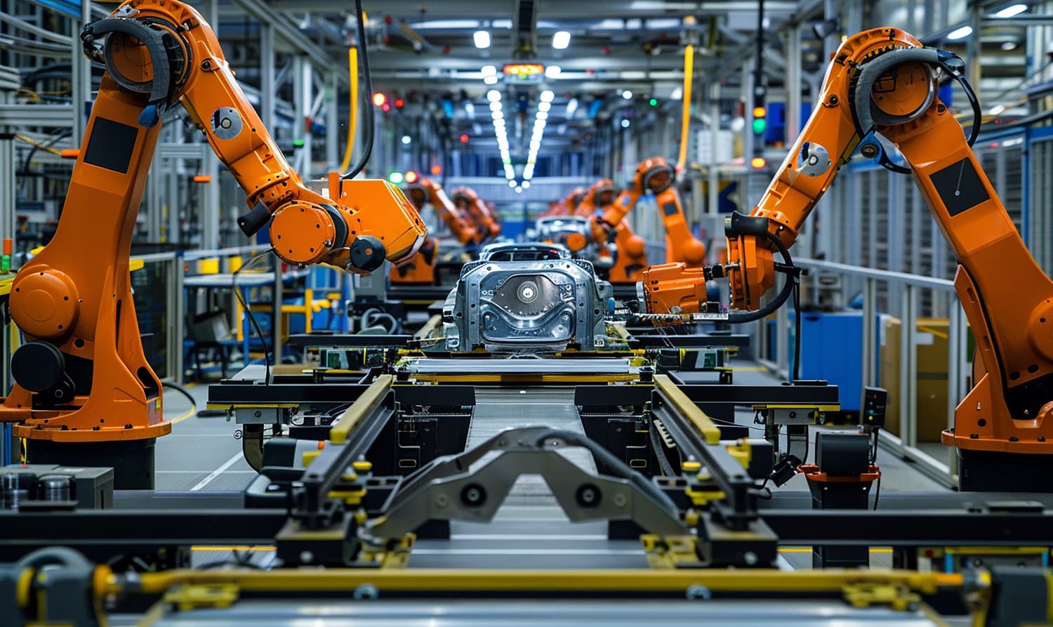 Industrie Roboter Arme bei der Montage von einem Automobil.